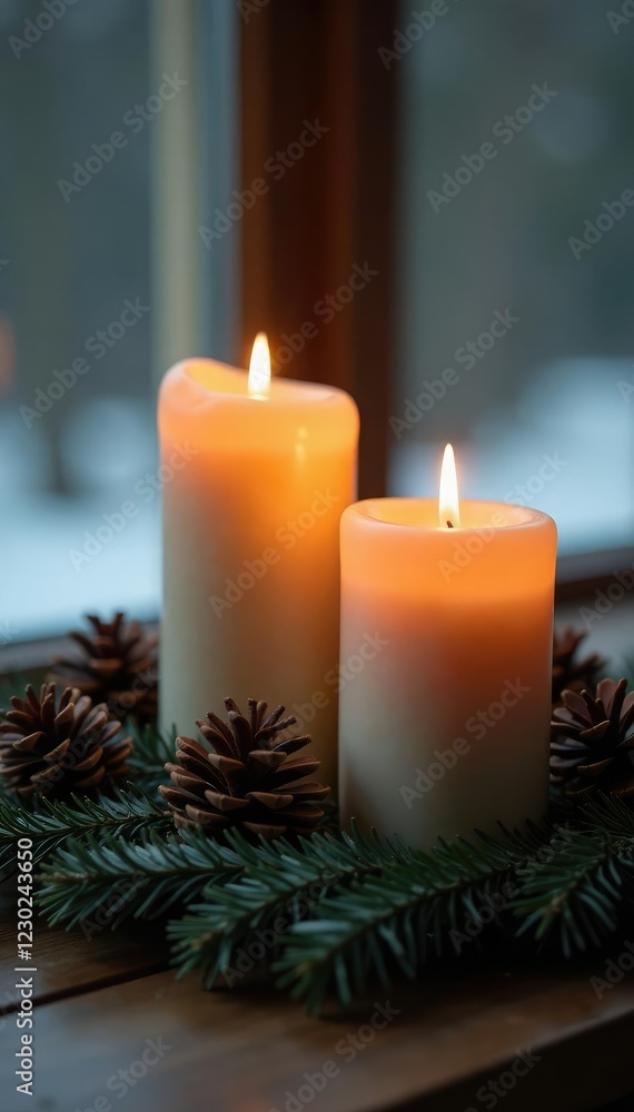 Candles and pinecones create a peaceful ambiance, winter, pinecones Candles and pinecones create a peaceful ambiance, winter, pinecones
