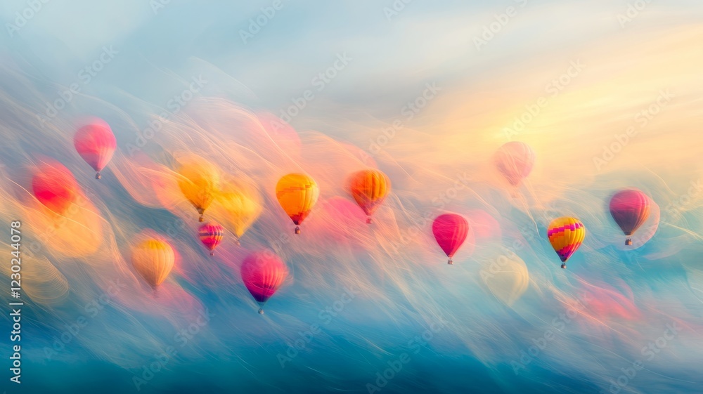 Colorful hot air balloons soar through a dreamy, abstract sky at sunset. Colorful hot air balloons soar through a dreamy, abstract sky at sunset.