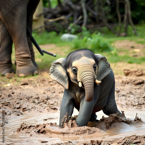 Un elefante bebé juega alegremente en el barro en un entorno natural de vida silvestre, enfatizando la inocencia, la naturaleza y el comportamiento lúdico.
 photo