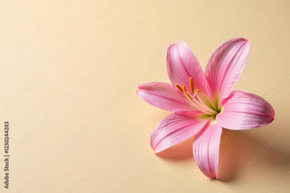 Naklejka premium Single rosepink Zephyr Lily bloom isolated on a beige surface, abstract, plain background, solitary bloom