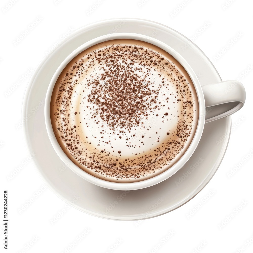 Creamy Coffee with Cocoa Powder on Whipped Foam in White Mug Creamy Coffee with Cocoa Powder on Whipped Foam in White Mug