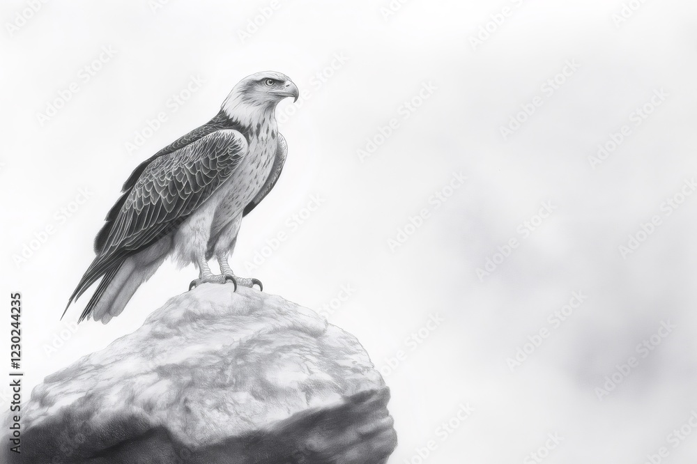 Obraz premium Pencil sketch depicting an eagle perched on a rock, showcasing the majestic beauty of wildlife in striking black and white tones