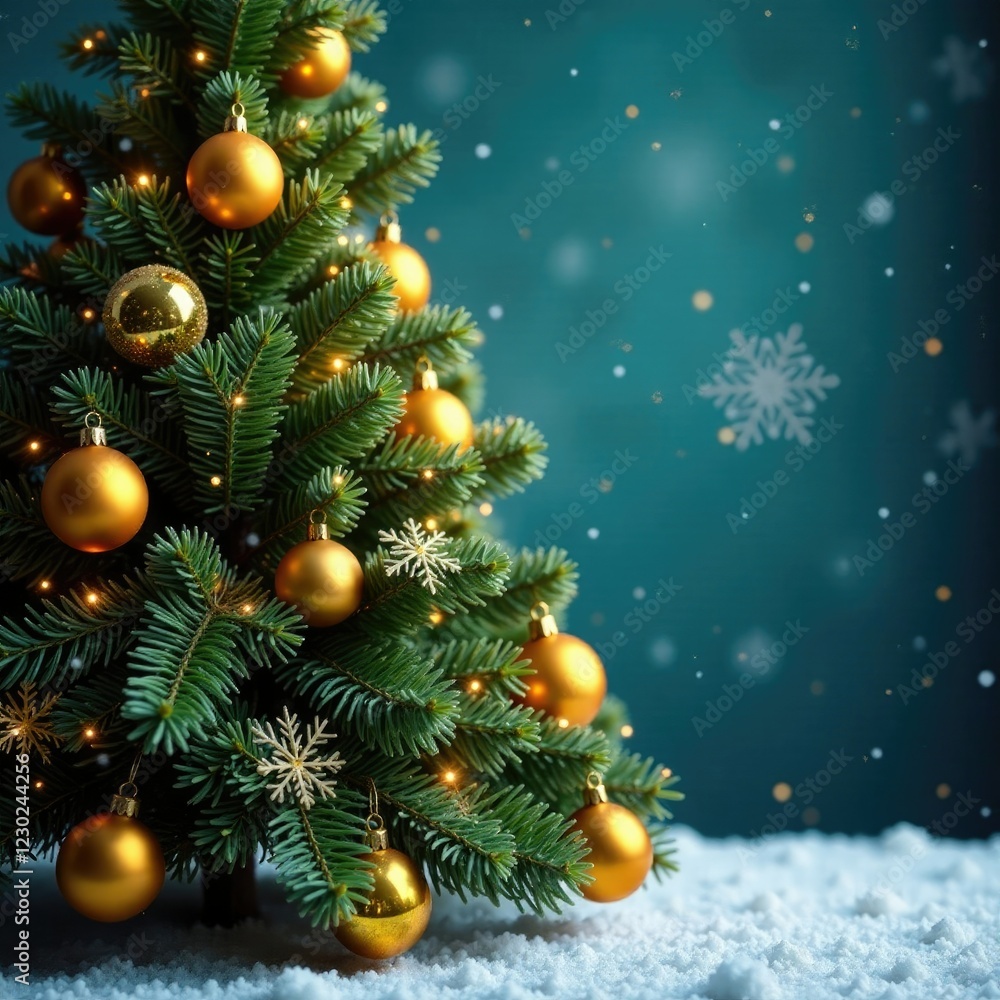 Evergreen Christmas tree with yellow gold ornaments and lights, winter wonderland, sparkling, snowflake Evergreen Christmas tree with yellow gold ornaments and lights, winter wonderland, sparkling, snowflake