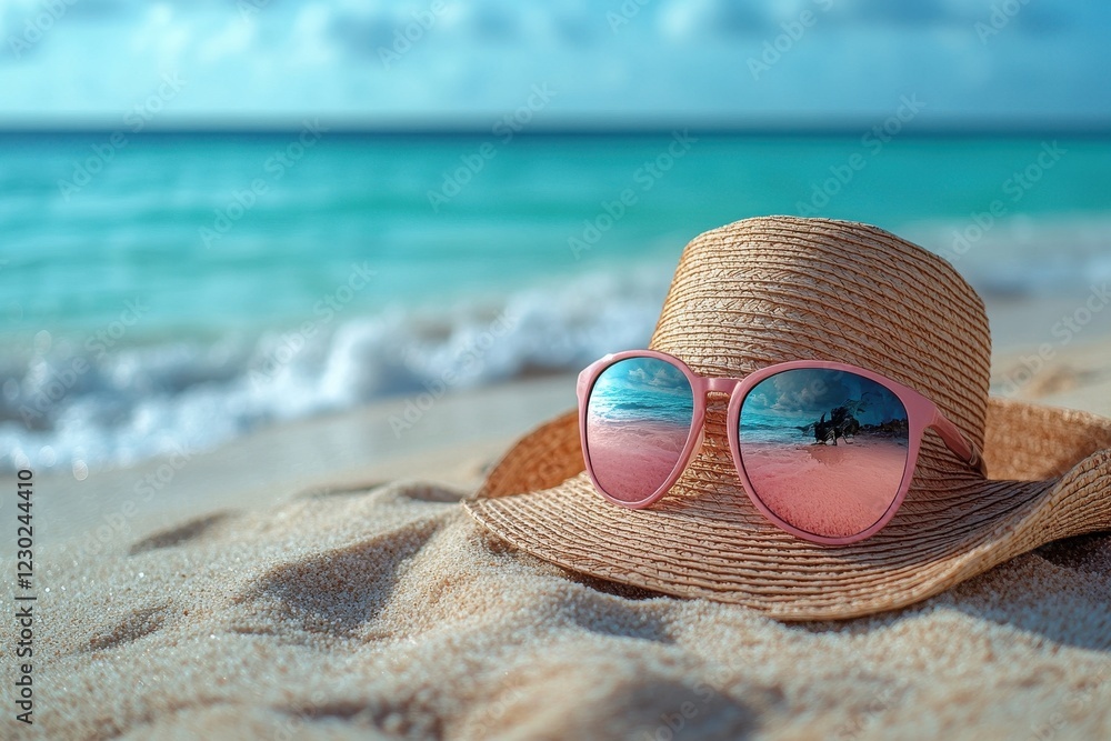 Summer beach day with a straw hat and pink sunglasses on the sandy shore under a clear blue sky Summer beach day with a straw hat and pink sunglasses on the sandy shore under a clear blue sky