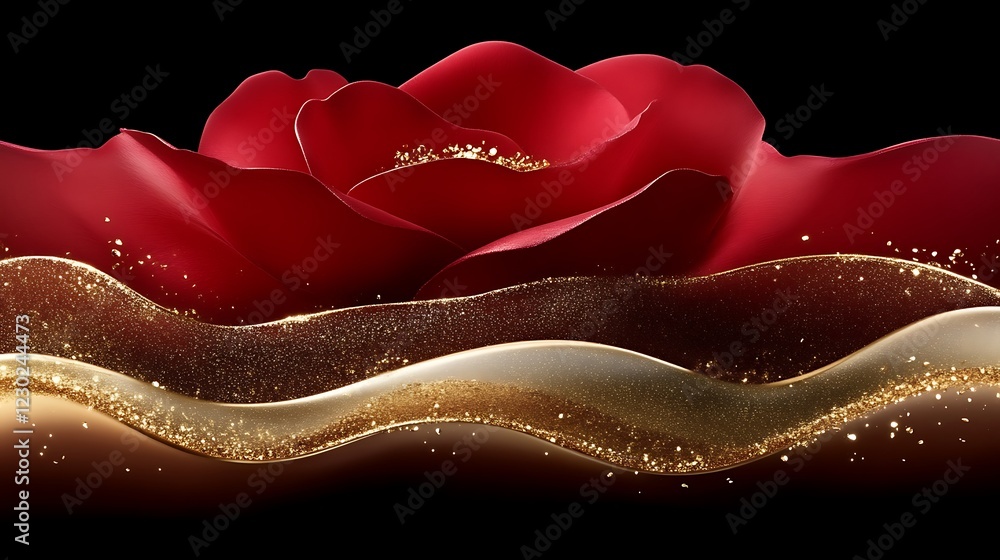 Fototapeta premium A Red Rose with Golden Liquid Waves Background