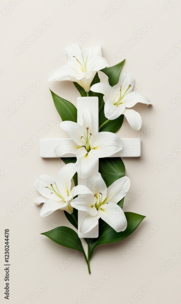 Fototapeta premium Elegant Easter Cross with Realistic Lily Design Minimalist White Floral Symbol for Spring Decor and Religious Celebration Displays in Modern Spaces