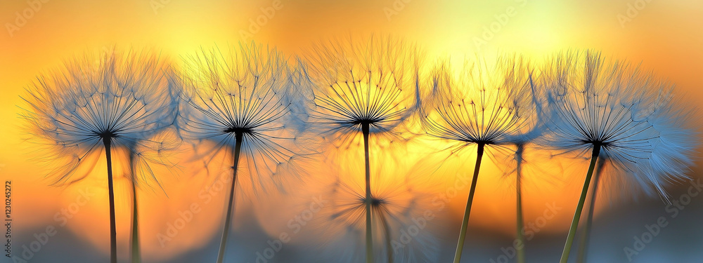 Obraz premium Enchanting Close-Up of Ethereal Dandelion Seeds Floating Gracefully in the Gentle Wind Against a yellow Sunset Sky. Generative AI