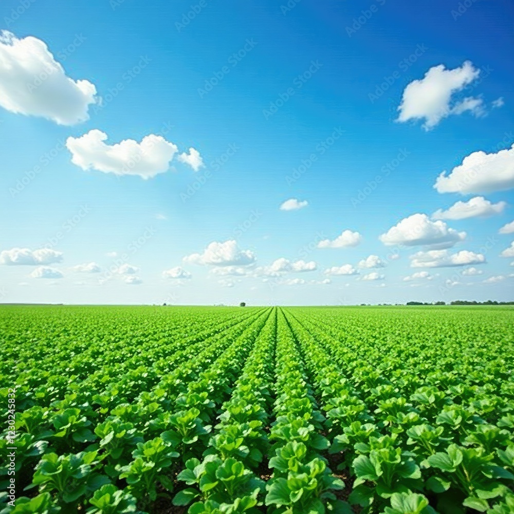 Sugar beet field with blue sky and white clouds, agriculture, nature, landscape Sugar beet field with blue sky and white clouds, agriculture, nature, landscape