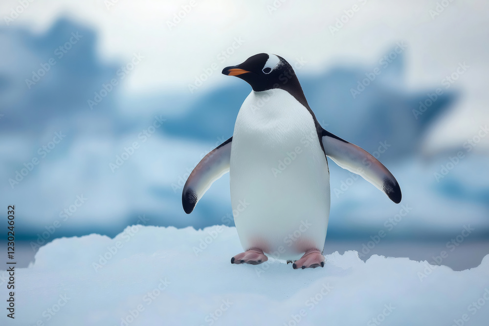 Fototapeta premium Gentoo penguin with open wings standing on an Antarctic glacier with ice floe in the background