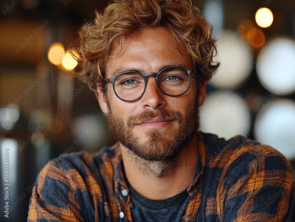 Stylish Young Man Smiling in Trendy Café with Soft Lighting Stylish Young Man Smiling in Trendy Café with Soft Lighting