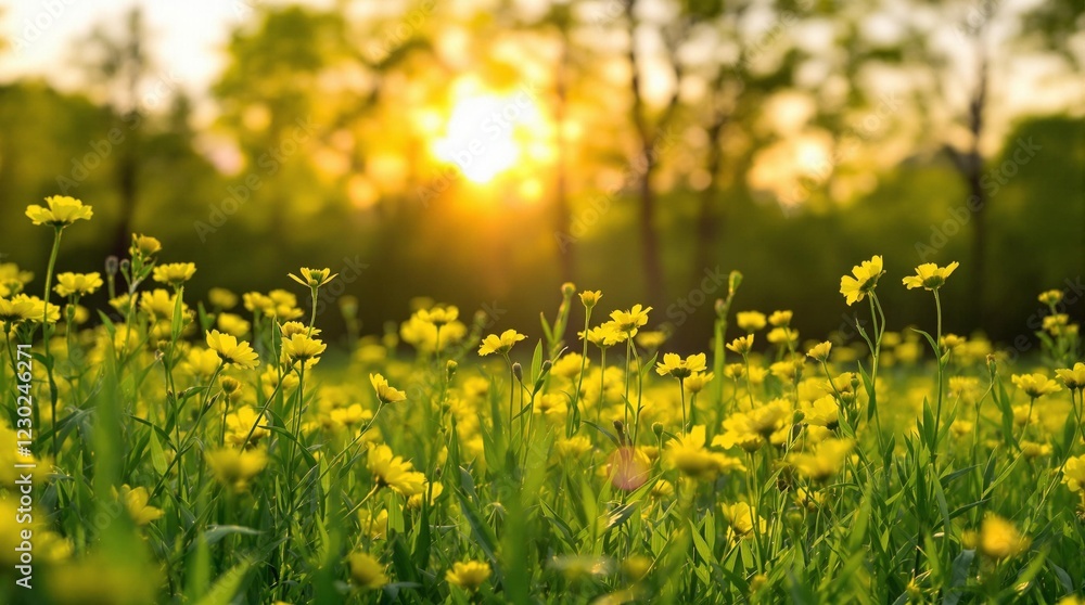 Fototapeta premium soft focus sunset field of yellow flowers and grass in golden hour light