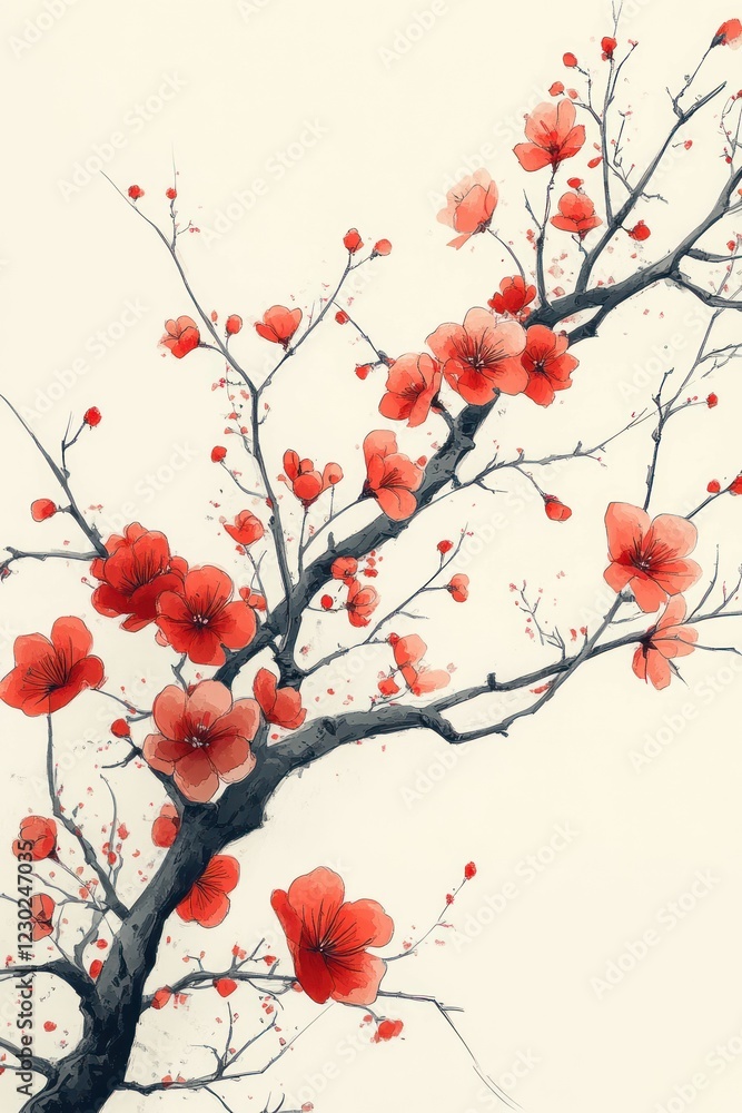 Vibrant red blossoms bloom on dark branches. Vibrant red blossoms bloom on dark branches.