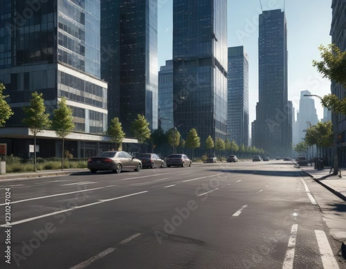 High-rise buildings and empty asphalt road with a few parked cars scattered along the side, modern architecture, high-rise buildings, deserted road