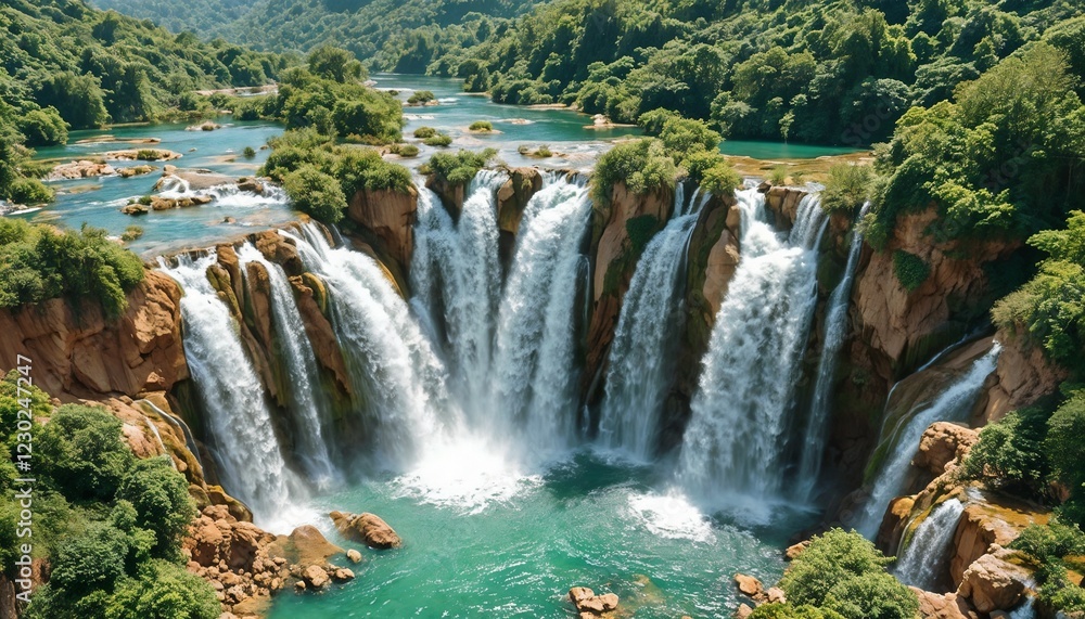 Lush Cascading Waterfalls in Vibrant Tropical Green Landscape