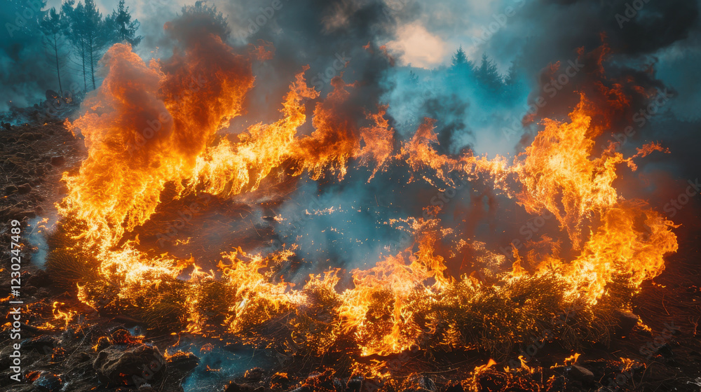 mesmerizing fire circle radiates intense heat and vibrant flames, creating dramatic scene in nature mesmerizing fire circle radiates intense heat and vibrant flames, creating dramatic scene in nature