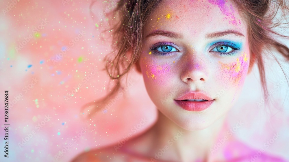 Model with vivid makeup showcasing creative and colorful portrait. Model with vivid makeup showcasing creative and colorful portrait.