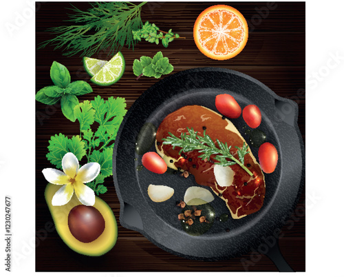 Meat in a frying pan with condiment and spice vector illustration