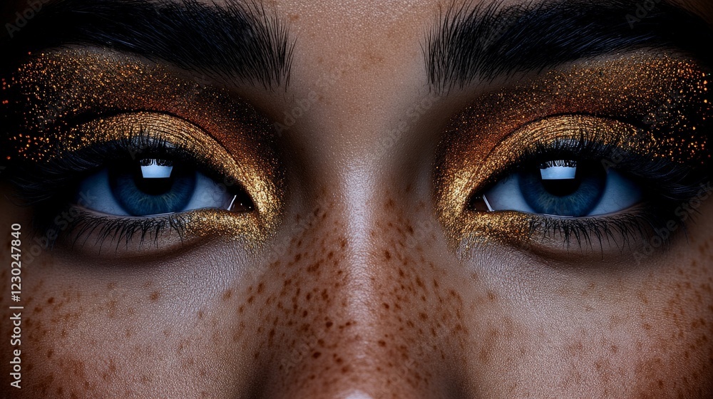 Golden Gaze: Mesmerizing blue eyes sparkle with a hint of mischief, accented with bold, shimmering gold eyeshadow. Golden Gaze: Mesmerizing blue eyes sparkle with a hint of mischief, accented with bold, shimmering gold eyeshadow.