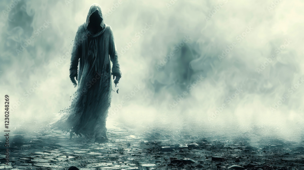 Naklejka premium mysterious figure in flowing cloak walks through foggy landscape, evoking sense of intrigue and suspense