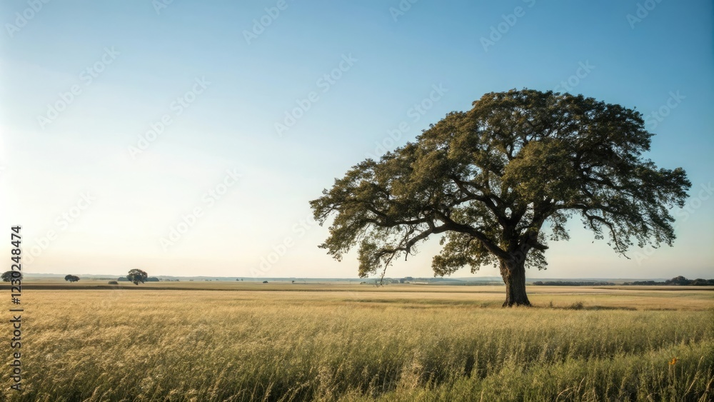 In a vast open field a majestic lone oak tree stretches towards the sky, nature, field, oak tree, rural In a vast open field a majestic lone oak tree stretches towards the sky, nature, field, oak tree, rural