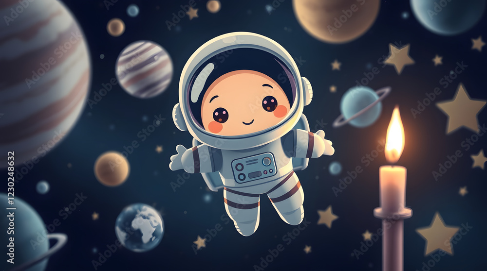 a cute astronaut floating in space, surrounded by planets and stars. A lit candle shines brightly, casting a warm glow on the scene a cute astronaut floating in space, surrounded by planets and stars. A lit candle shines brightly, casting a warm glow on the scene