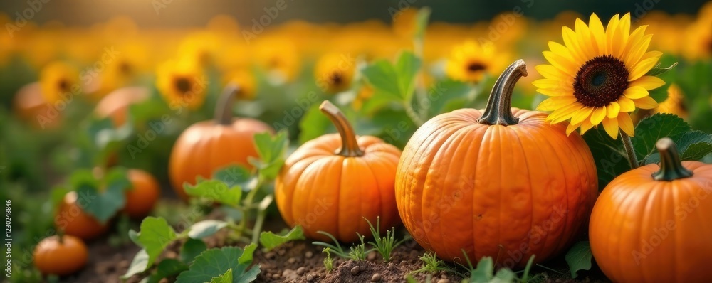 A pumpkin patch with bright orange pumpkins and yellow sunflowers, sunflower, garden, autumn flowers A pumpkin patch with bright orange pumpkins and yellow sunflowers, sunflower, garden, autumn flowers