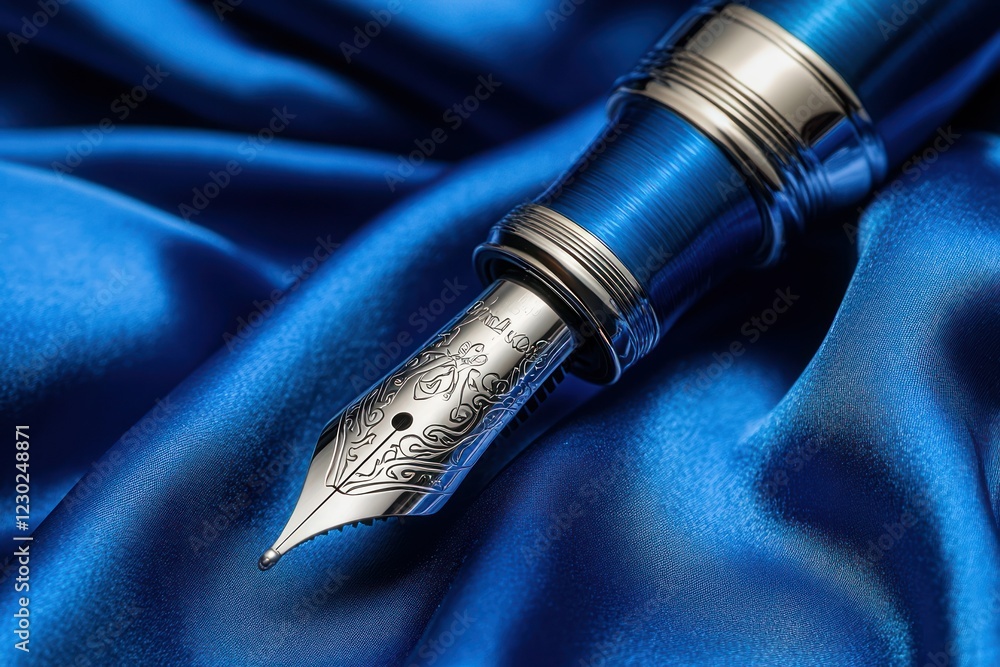Naklejka premium Elegant Fountain Pen on Luxurious Blue Fabric