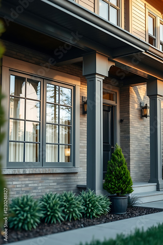 Wallpaper Mural Modern Brick House Exterior: Architectural Design and Landscaping. Discover the beauty of this elegant home's facade, showcasing stunning brickwork, a welcoming porch, and meticulous landscaping. Torontodigital.ca