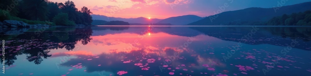 Naklejka premium A serene lake's surface with glowing algae at dusk, water, iridescent