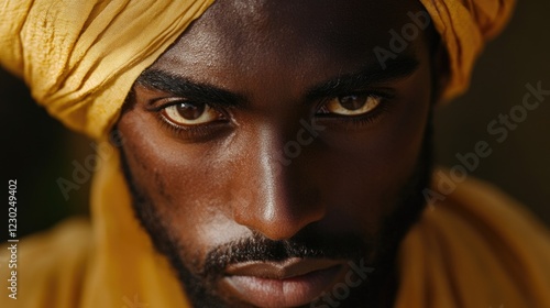 Portrait of a solemn man looking forward with gold bandage around his forehead and neck, wearing traditional African clothing.