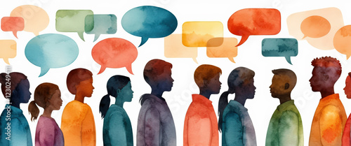 Watercolor painted banner representing the concept of communication across multiethnic peoples through the image of colored silhouette and speech bubbles. Multicultural dialogue, diversity, individual