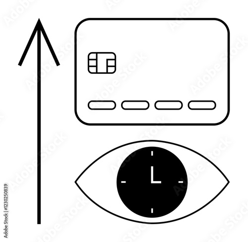 Credit card, up arrow, and eye with clock symbol. Ideal for finance, security, data protection, time management, technological advancement efficiency digital transactions. Line metaphor