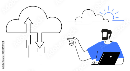 Man with laptop pointing at cloud with arrows representing data transfer. More clouds and sun stylized. Ideal for cloud computing, digital technology, data management, tech innovation, IT solutions
