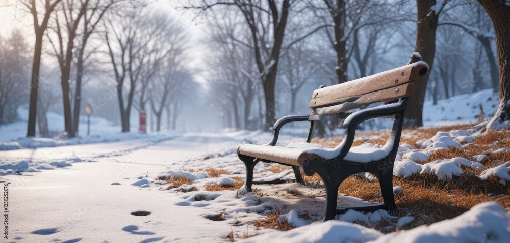 Snow-covered bench with a subtle winter landscape, peaceful, tranquil, winter Snow-covered bench with a subtle winter landscape, peaceful, tranquil, winter
