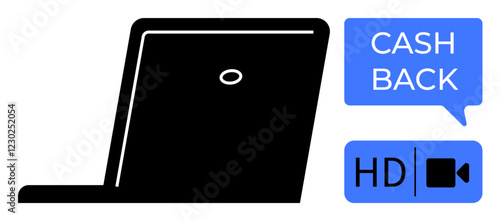 Laptop, cash back speech bubble, and HD video icon. Ideal for online shopping, streaming, HD video, e-commerce, digital transactions video communication remote work. Abstract line flat metaphor