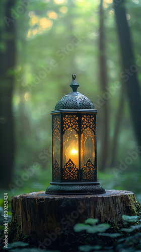 Illuminated lantern on forest stump, misty background, nature scene, magical ambiance, perfect for fantasy or fairytale themes photo