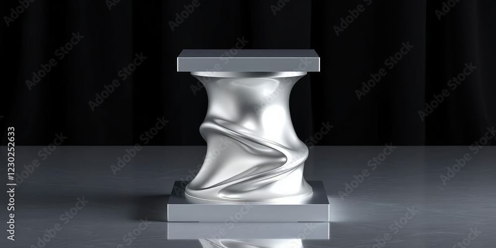 Luxurious silver pedestal with a flat square top supported by an undulating wave-like base set on a dark and elegant backdrop, abstract design, artistic feature, minimalist style Luxurious silver pedestal with a flat square top supported by an undulating wave-like base set on a dark and elegant backdrop, abstract design, artistic feature, minimalist style