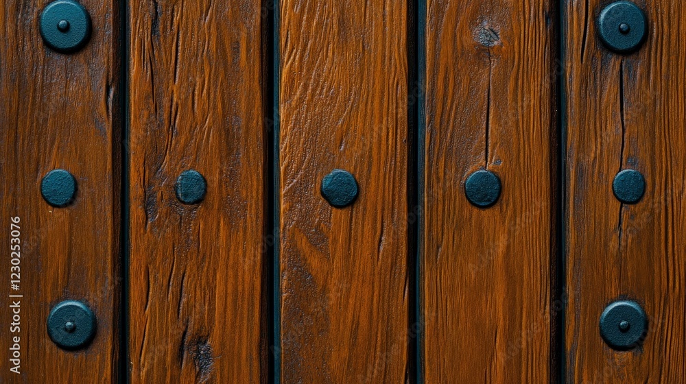 Rustic Wood Texture with Black Metal Studs: A close-up of a weathered wooden surface with a rustic appeal, featuring a repeating pattern of black metal studs. Rustic Wood Texture with Black Metal Studs: A close-up of a weathered wooden surface with a rustic appeal, featuring a repeating pattern of black metal studs.