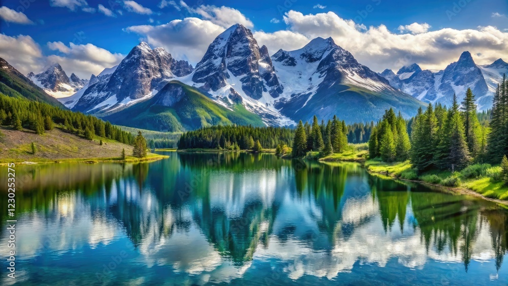 Majestic mountain range with snow-capped peaks and serene lakes, water, snow Majestic mountain range with snow-capped peaks and serene lakes, water, snow