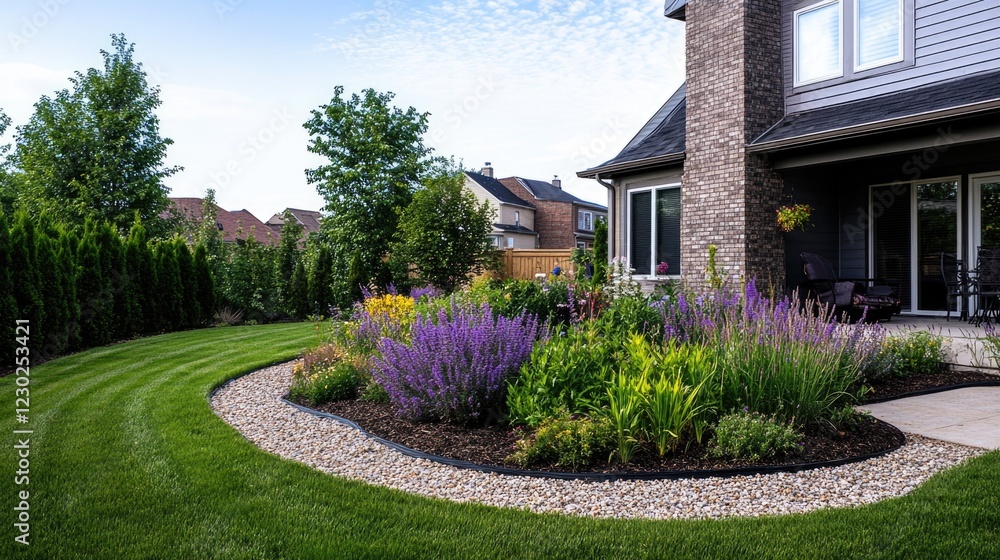 Naklejka premium Suburban home with manicured gardens and a colorful flower bed. Beautifully landscaped yard.