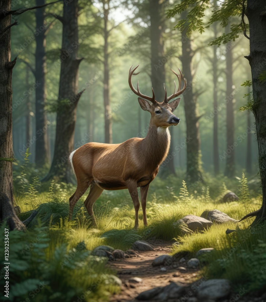 Majestic wild deer resting in the lush Siberian forest, Siberia, mammal, peaceful, wildlife, forest Majestic wild deer resting in the lush Siberian forest, Siberia, mammal, peaceful, wildlife, forest