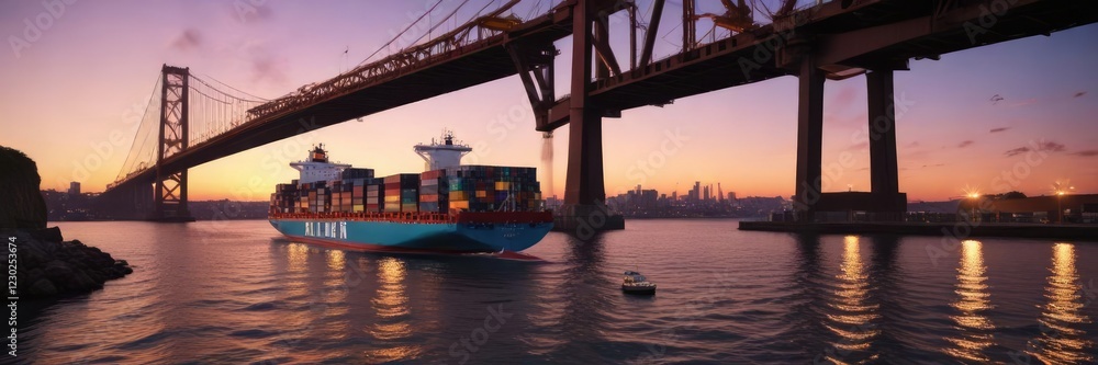 Fototapeta premium massive container ship passing under a bridge at sunset, container ship, cargo ship, shipping vessel