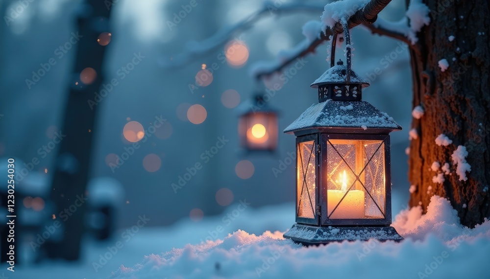Frosty metal lanterns with sparkling icicles hanging, winter lighting, sparkly details Frosty metal lanterns with sparkling icicles hanging, winter lighting, sparkly details