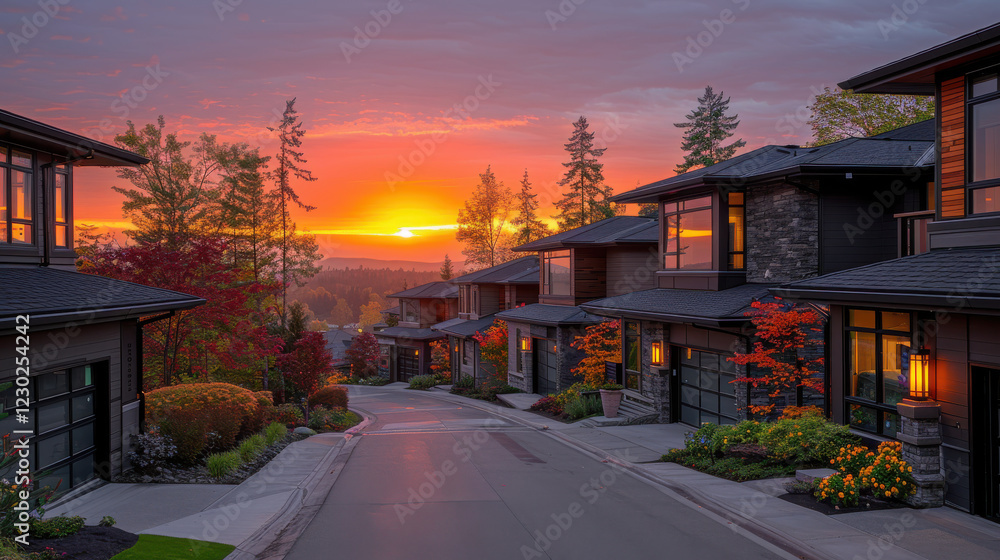 Fototapeta premium picturesque street view of new construction homes at sunset, showcasing vibrant colors and serene surroundings