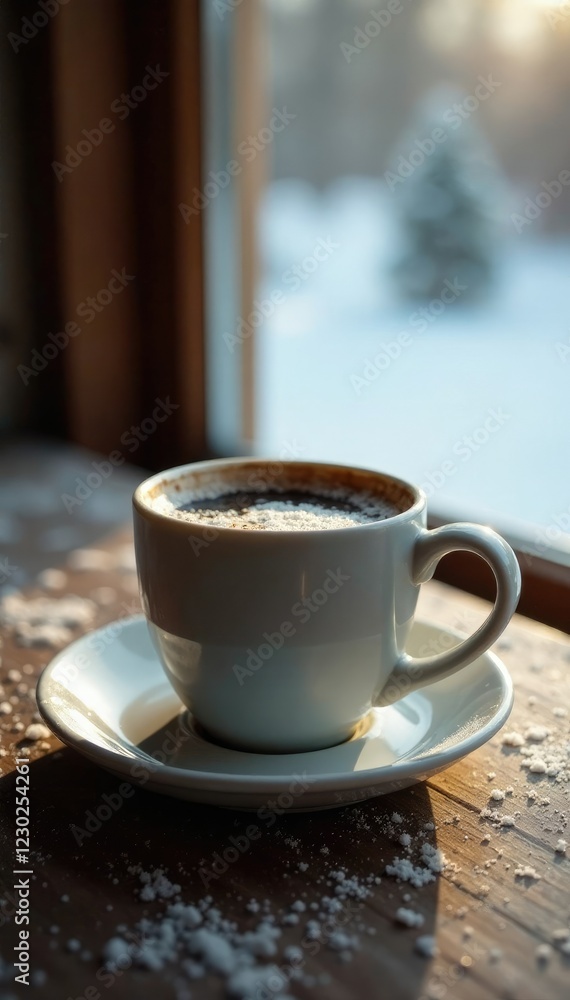 Frosty morning scene with coffee cup on wooden table, scene, cold brew Frosty morning scene with coffee cup on wooden table, scene, cold brew