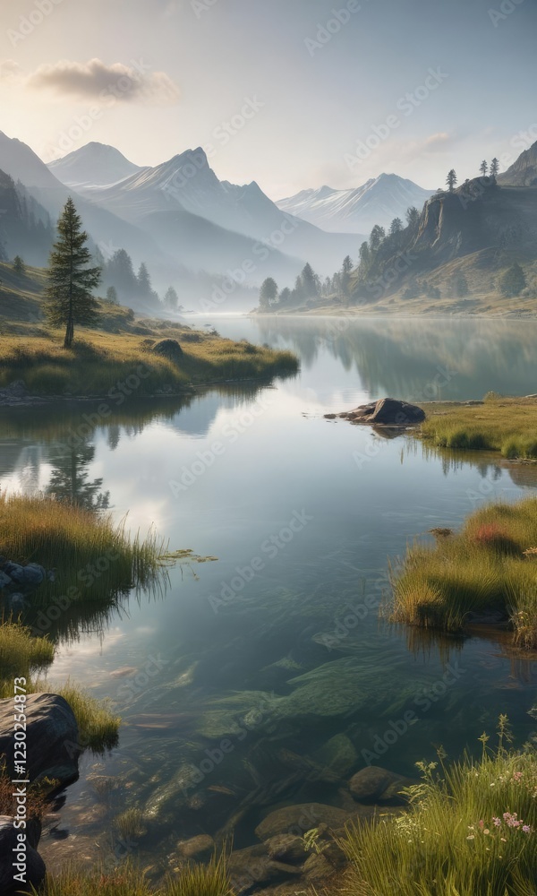 Fototapeta premium Misty morning over a freshwater lake nestled between rolling hills and mountains, landscape, peaceful