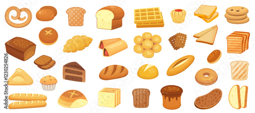 Large assortment of bakery products featuring various breads, loaves, buns, muffins, waffles, cookies, cakes, and pastries, creating a colorful and tempting display