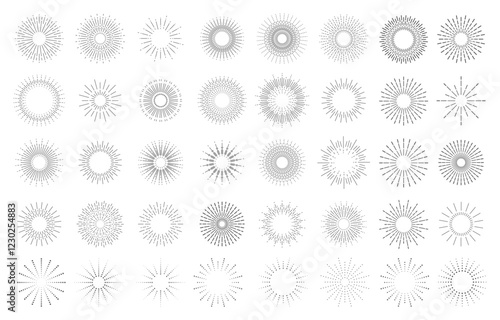 Vintage sunburst and firework explosion decorative elements template for logotype, emblem and banner radiating from the center forming a circle on a white background