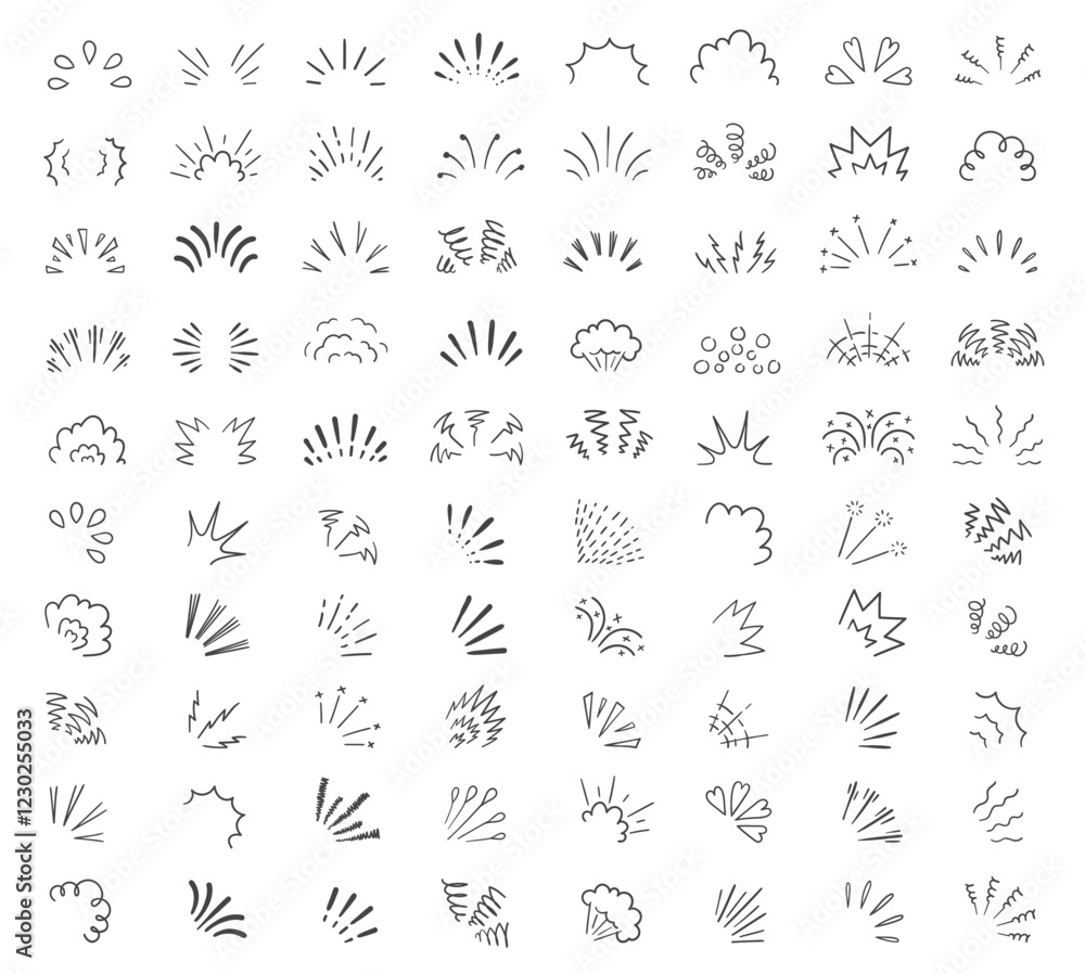 Large collection of hand drawn doodle sparkles and rays radiating outward, creating a whimsical and festive atmosphere for various design projects Large collection of hand drawn doodle sparkles and rays radiating outward, creating a whimsical and festive atmosphere for various design projects
