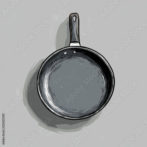 vector style flat illustration frying pan, hand-drawn, top view, white background, sketchy and soft, subtle shadows on pan surface and handle, minimal and clean. clean lines 2D design photo